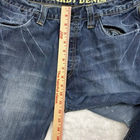 Ed Hardy Jeans Mens 36x32 Blue Distressed Splatter Straight Flap Pockets Whisker - Picture 16 of 16